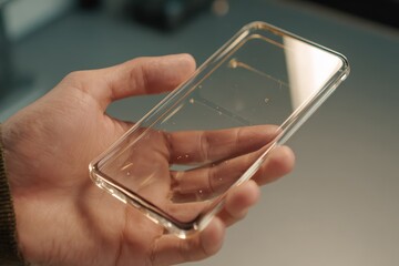 Hand holding a clear, transparent phone case with subtle reflections and dust particles