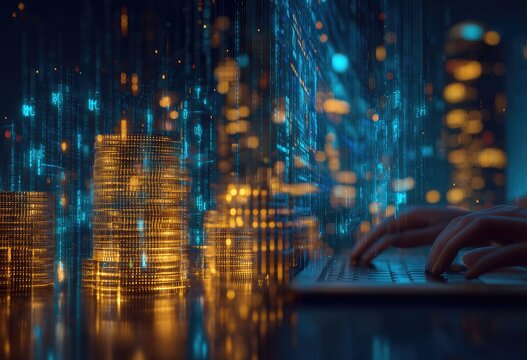 Digital cityscape, person typing on laptop, abstract city, glowing data