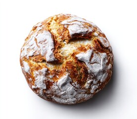 Overhead view of a round, golden brown loaf with a dusted, floury surface against a clean, white background