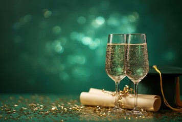 Champagne flutes, diploma, mortarboard, & confetti against a bokeh backdrop create a celebratory graduation ambiance
