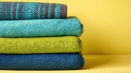 A stack of soft towels in various shades of blue and green against a simple yellow background in soft lighting