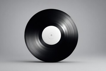 Vinyl record on a gray backdrop, highlighting the smooth black surface and central white label, casting a soft shadow