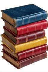 A stack of old, colorful, worn, hardback books with aged paper edges, isolated against a white background