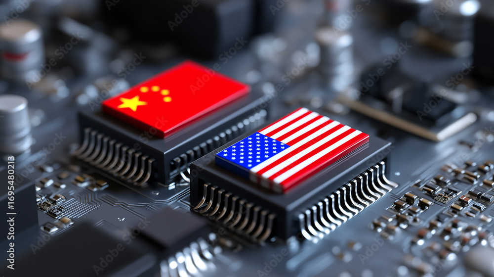 Poster microchips with us and china flags on a circuit board, symbolizing technology rivalry and global com