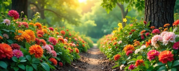 Obraz premium A lush, vibrant garden overflowing with blooming flowers and ripe fruits, representing abundance and growth, symbolizing a blossoming treasure , vibrant, nature