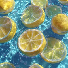 Vibrant Yellow Lemon Slices Floating in Sunlit, Sparkling Blue Water