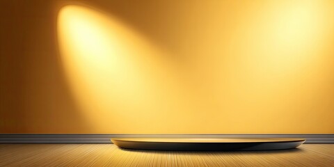 Empty round black platform on a light beige floor against a pale mustard wall, spotlighting the object