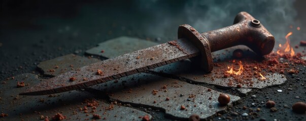 A menacing rusty weapon, lying in wait, ready to inflict harm  The ominous shadow casts a foreboding tone ,  metal,  survival,  investigation