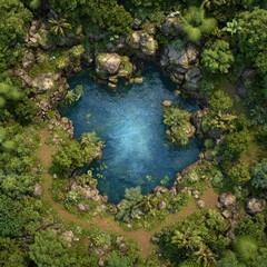 Aerial View of Lush Jungle Pond with Path