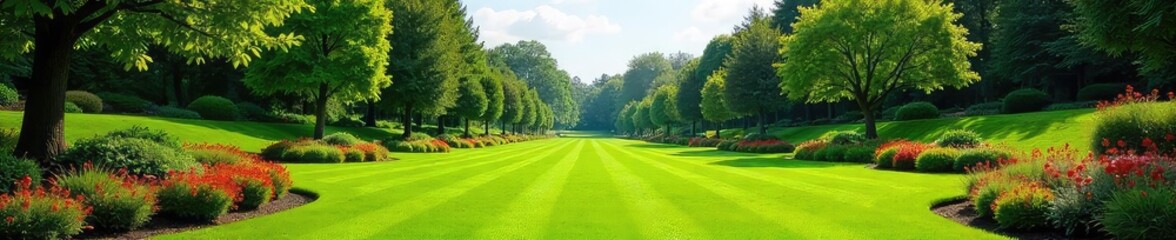 Obraz premium A meticulously planned landscape design featuring lush green lawns, vibrant flowerbeds, and strategically placed trees creating a serene and inviting outdoor space , gravel, landscape design