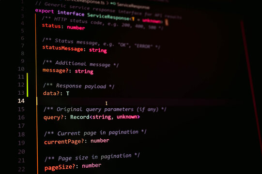 Highlighted TypeScript code showing advanced API response interface with optional fields, generic types, pagination data, and query parameters in modern software development practices.