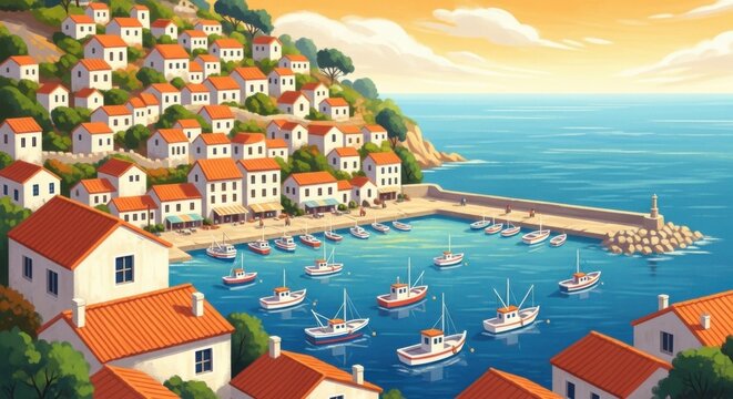 Colorful Coastal Village with Boats in Harbor and Hillside Houses by the Sea