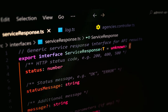 Close-up of TypeScript interface for API service response, showing generic template, HTTP status code, message strings, and export syntax in modern backend software development environment.