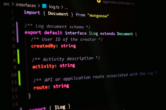 Close-up view of TypeScript Log interface code using Mongoose for MongoDB schema, showing export default interface, string types, and application API structure in software development project.