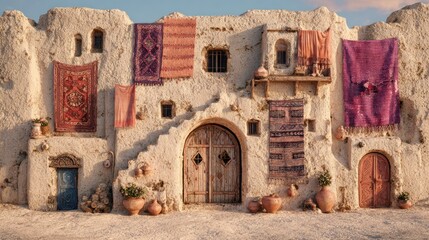 Textured, sunlit adobe building with various rugs and small doors and windows, potted plants in a desert setting