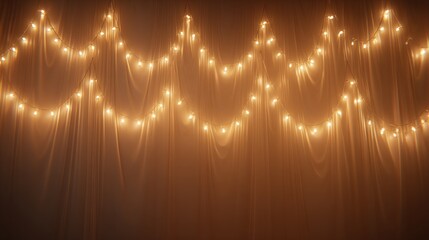 Draped string lights emit a warm, soft glow against a neutral backdrop, creating a festive, ethereal ambiance, and soft light rays
