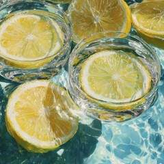 Refreshing Lemon Slices in Clear Water Glasses, Abstract Painting Style