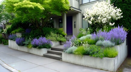 Fototapeta premium A tiered garden bed design showcases a variety of lavender and other flowering plants against a modern house.