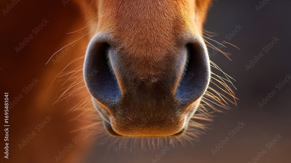 Poster close-up view of a horses nose showing details of fur and whiskers in a natural setting during golde