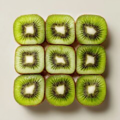 Nine Slices of Fresh Kiwi Fruit Arranged in a Grid Pattern on a Light Background