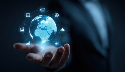 Hand holding a glowing digital earth surrounded by tech icons, dark suit, blue light, showing connection, globalization