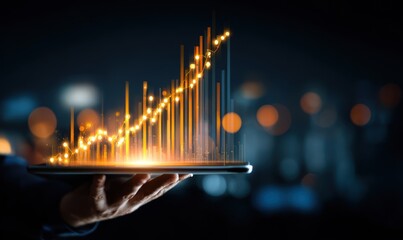 Hand holds tablet projecting upward glowing bar graph against blurred bokeh background, conveying growth, technology