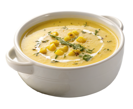 Warm bowl of creamy yellow corn soup garnished with herbs, comfort food isolated on white background. PNG
