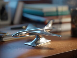 Reflective chrome airplane model on a polished wooden desk, with a soft, blurred office background, symbolizing travel and ambition.