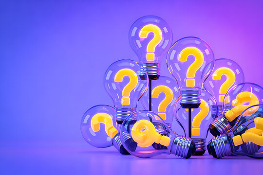 Illuminated light bulbs with yellow question marks inside symbolizing curiosity and the search for answers - Powered by Adobe