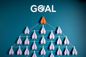 Paper airplane hierarchy leading to success and reaching the ultimate goal symbolizing achievement and ambition