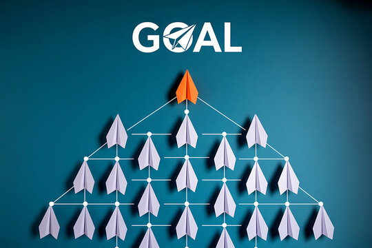 Paper airplane hierarchy leading to success and reaching the ultimate goal symbolizing achievement and ambition