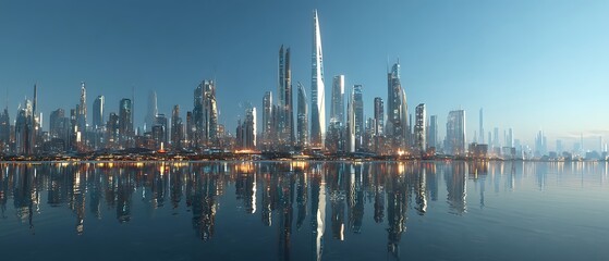 Futuristic business towers rise above clean open foreground, designed for advertising purposes, representing innovation, urban finance, corporate investment, and modern architecture concepts.
