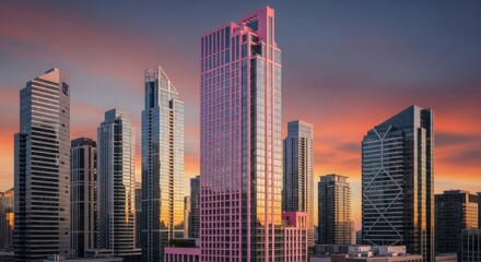 Obraz premium Modern Skyscraper Cityscape at Sunset with Pink Highlighted Tower