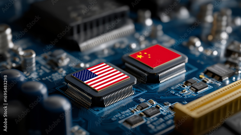 Poster microchips with us and china flags on a circuit board, symbolizing technology rivalry and global com