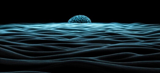Abstract digital landscape with a central sphere resembling a brain