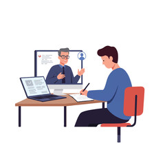 Fototapeta premium A 2D flat illustration depicts a focused student diligently writing notes on paper during an engaging online lesson taught by a remote teacher, set against a clean white background.