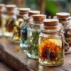 Row of glass jars with corks, filled with colorful dried herbs and flowers in liquid on a rustic wooden table.
