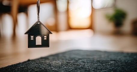 House-shaped keychain hanging over carpet