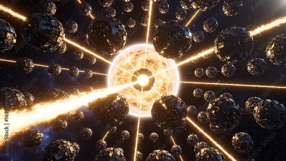 Poster complex space structure surrounding a planet with glowing laser beams