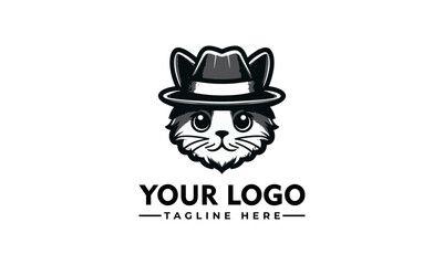 A stylized, black and white logo featuring a cat wearing a fedora hat.