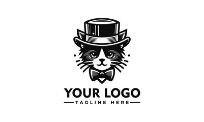 Stylish black and white cat logo design with top hat and bow tie.