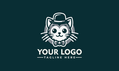 A charming cartoon cat wearing a hat and bow tie, forming a stylized logo design.