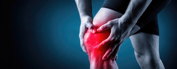 Man holding his painful knee, highlighted in red