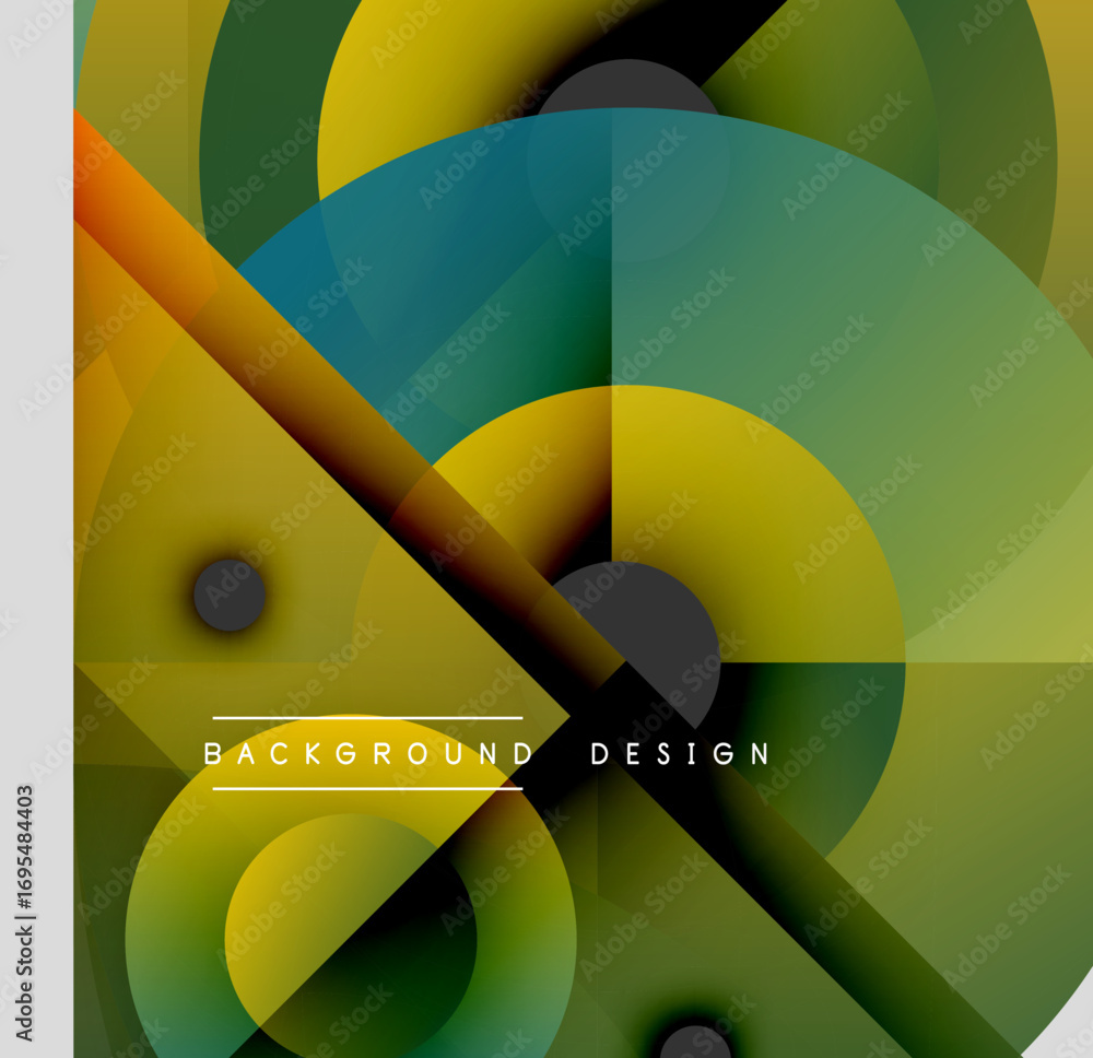 Poster Abstract geometric composition. Overlapping circles, gradients create dynamic visual effect. Modern design elements present.