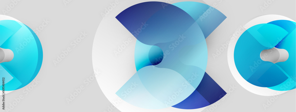 Poster abstract blue shapes create dynamic circular patterns. gradient colors suggest depth, movement, mode