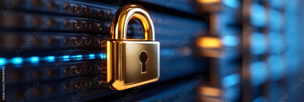 Poster golden padlock securing server rack: ensuring data safety and protection in digital environment