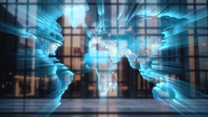Digital globe hologram and modern city background