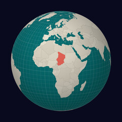 Republic of Chad on the map. Globe centered to Chad. Country location on the world map. Teal Pale Mint color palette. Globe with countries, meridians and parallels. Captivating vector illustration.
