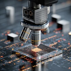 Close-up of a microscope focusing on a microchip