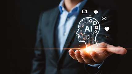 Businessperson demonstrates advanced ai concept lightbulb with digital icons symbolizing innovation and future technology integration